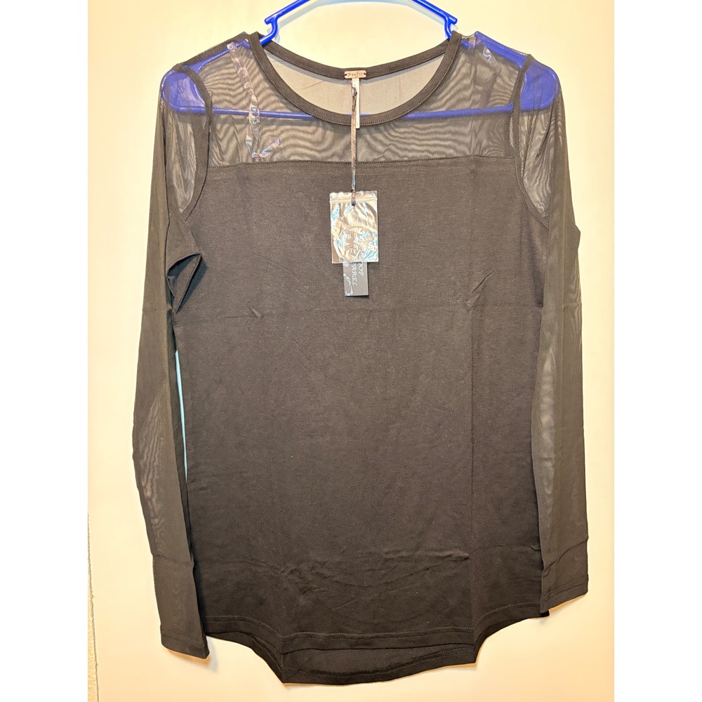 Poof Apparel Womens Black Mesh Long Sleeve Top Sheer Panel Shirt 121875 Size M